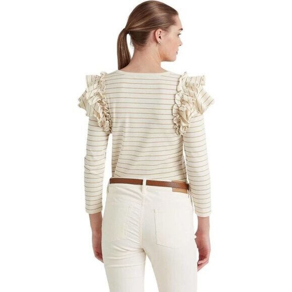 Metallic Striped Ruffle-Trim Knit Top LAUREN Ralph‎ Lauren XSP - Picture 2 of 11